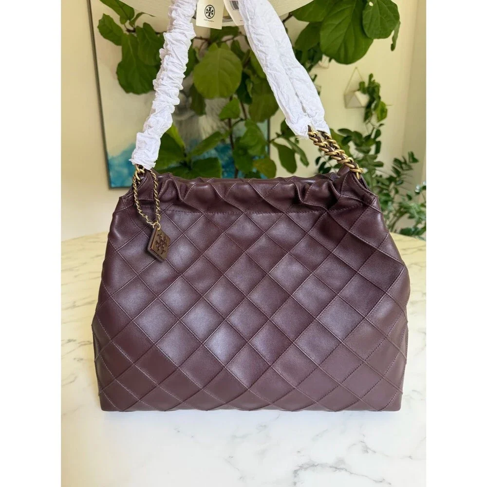 NWT Tory Burch Fleming Soft Drawstring Hobo Bag Albarossa Burgundy Leather